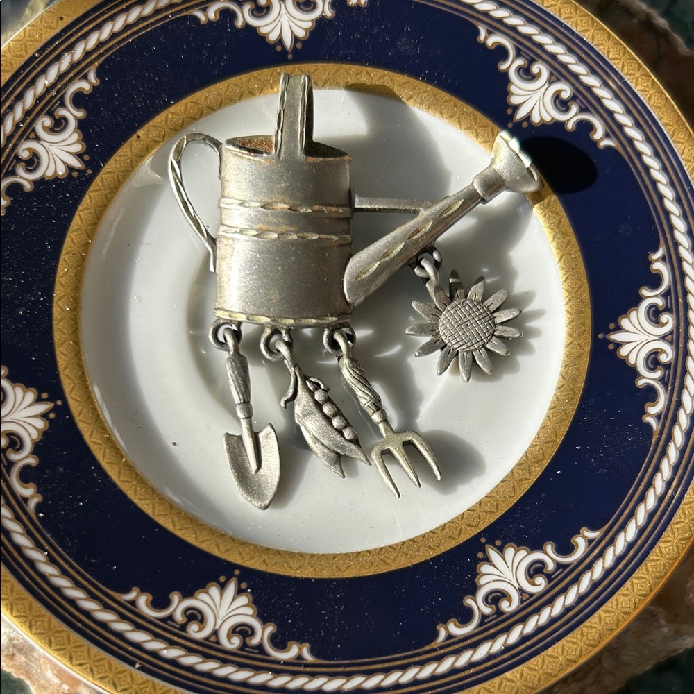 Vintage Watering Can Brooch with Garden Charms